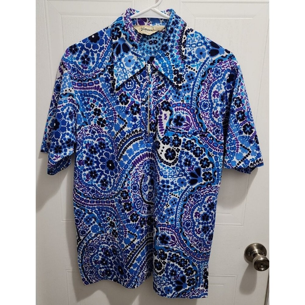 Vtg 60s Men's Tropicana Short Sleeve Hawaiian Shirt Zip Neck Blue/Purple Size L